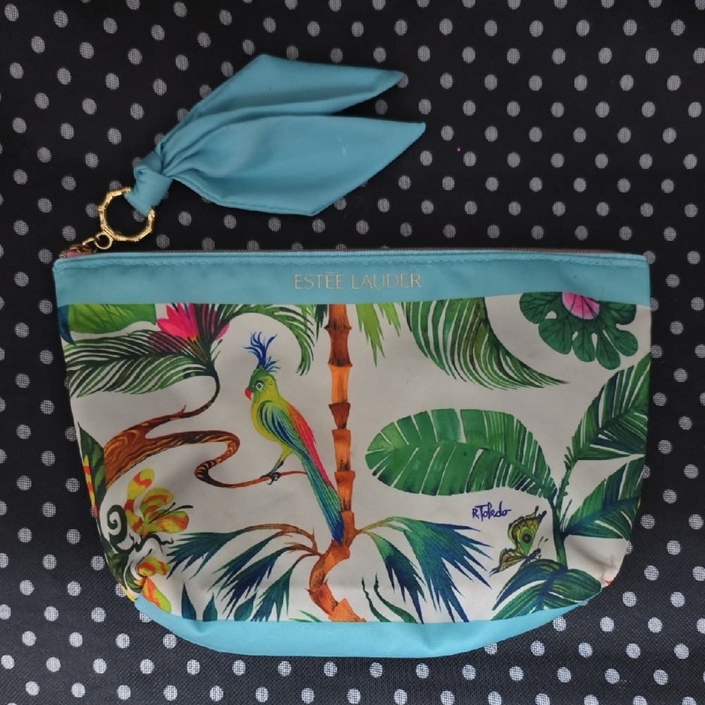 Estee Lauder Tropical Print Clutch Cosmetic Bag Blue and Green